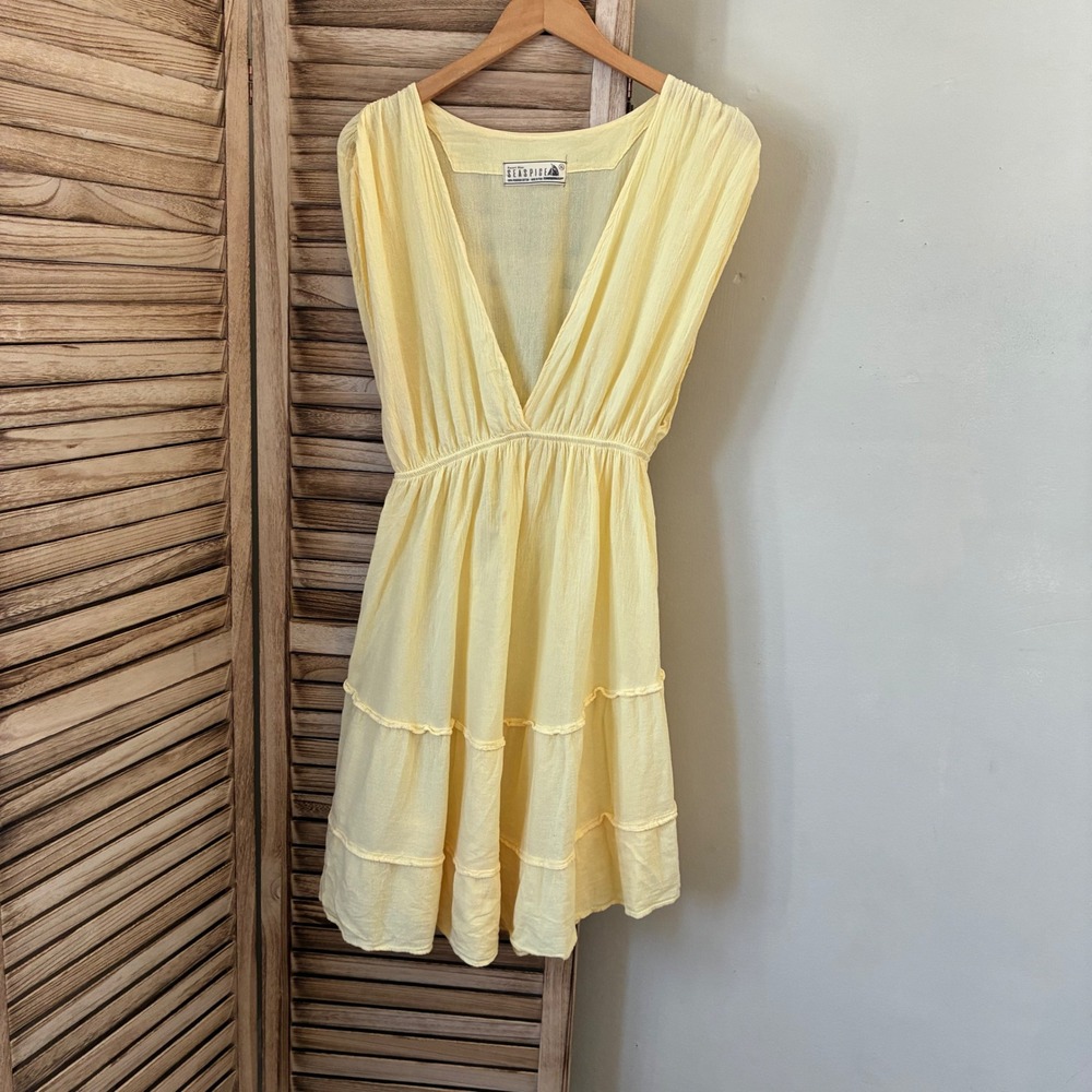 Sea Spice Butter Yellow Peruvian Cotton V-Neck Tiered Mini Dress XL
